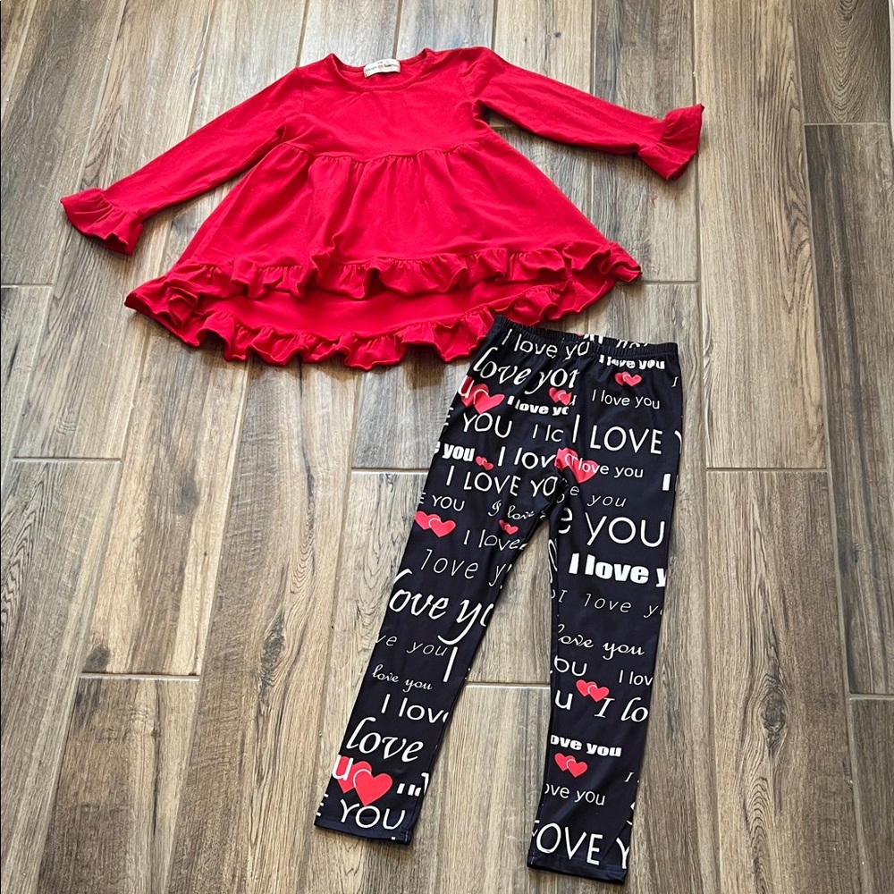 Adorable Sweetness Red Ruffle Top and Love Print Leggings Set Size8